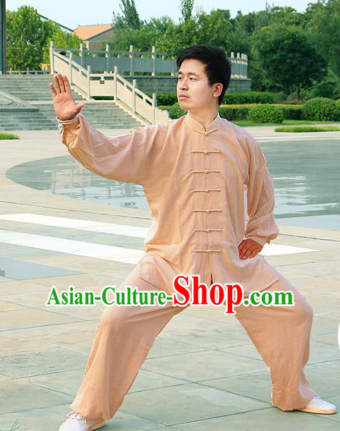 Traditional Chinese Top Linen Kung Fu Costume Martial Arts Kung Fu Training Light Brown Uniform, Tang Suit Gongfu Shaolin Wushu Clothing, Tai Chi Taiji Teacher Suits Uniforms for Men