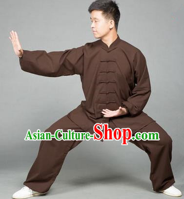 Traditional Chinese Top Flax Kung Fu Costume Martial Arts Kung Fu Training Brown Uniform, Tang Suit Gongfu Shaolin Wushu Clothing, Tai Chi Taiji Teacher Suits Uniforms for Men