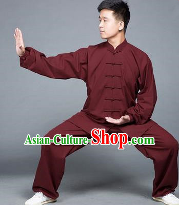 Traditional Chinese Top Flax Kung Fu Costume Martial Arts Kung Fu Training Red Uniform, Tang Suit Gongfu Shaolin Wushu Clothing, Tai Chi Taiji Teacher Suits Uniforms for Men