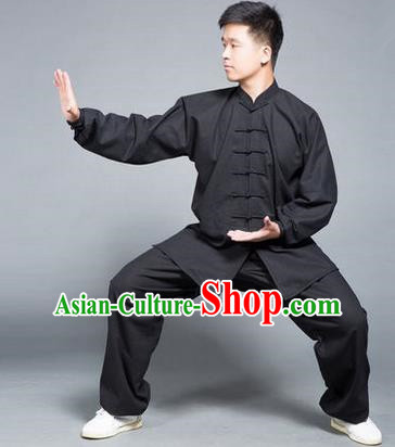 Traditional Chinese Top Flax Kung Fu Costume Martial Arts Kung Fu Training Black Uniform, Tang Suit Gongfu Shaolin Wushu Clothing, Tai Chi Taiji Teacher Suits Uniforms for Men