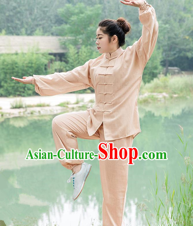 Traditional Chinese Top Linen Kung Fu Costume Martial Arts Kung Fu Training Light Brown Uniform, Tang Suit Gongfu Shaolin Wushu Clothing, Tai Chi Taiji Teacher Suits Uniforms for Women