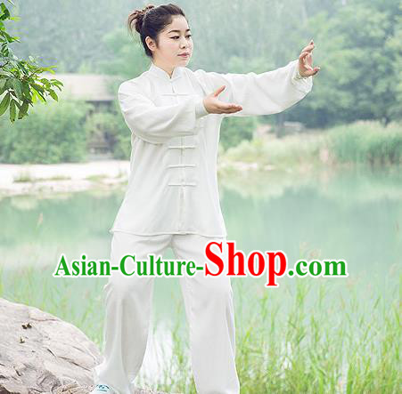 Traditional Chinese Top Linen Kung Fu Costume Martial Arts Kung Fu Training White Uniform, Tang Suit Gongfu Shaolin Wushu Clothing, Tai Chi Taiji Teacher Suits Uniforms for Women