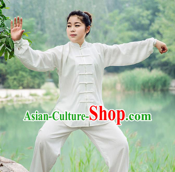 Traditional Chinese Top Silk Cotton Kung Fu Costume Martial Arts Kung Fu Training Long Sleeve White Uniform, Tang Suit Gongfu Shaolin Wushu Clothing, Tai Chi Taiji Teacher Suits Uniforms for Women