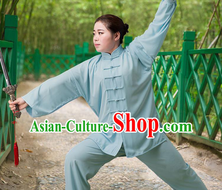 Traditional Chinese Top Silk Cotton Kung Fu Costume Martial Arts Kung Fu Training Long Sleeve Blue Uniform, Tang Suit Gongfu Shaolin Wushu Clothing, Tai Chi Taiji Teacher Suits Uniforms for Women