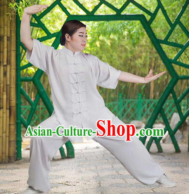 Traditional Chinese Top Silk Cotton Kung Fu Costume Martial Arts Kung Fu Training Short Sleeve White Uniform, Tang Suit Gongfu Shaolin Wushu Clothing, Tai Chi Taiji Teacher Suits Uniforms for Women
