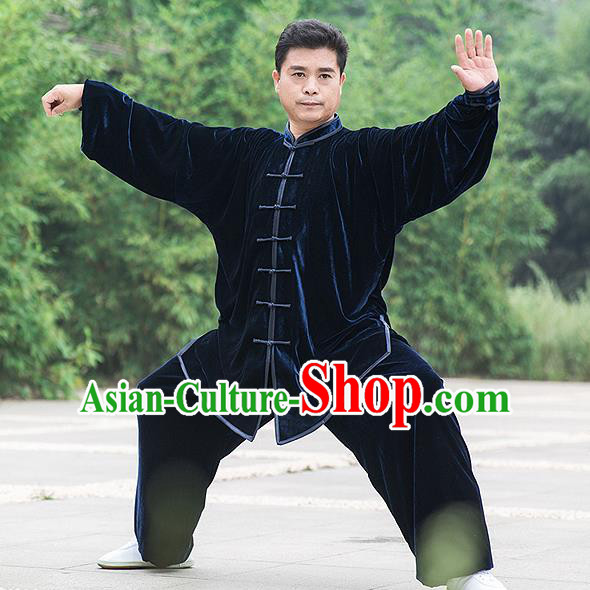 Traditional Chinese Top Pleuche Kung Fu Costume Martial Arts Kung Fu Training Navy Uniform, Tang Suit Gongfu Shaolin Wushu Clothing, Tai Chi Taiji Teacher Suits Uniforms for Men