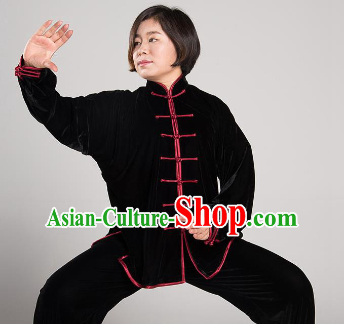 Traditional Chinese Top Pleuche Kung Fu Costume Martial Arts Kung Fu Training Black Uniform, Tang Suit Gongfu Shaolin Wushu Clothing, Tai Chi Taiji Teacher Suits Uniforms for Women