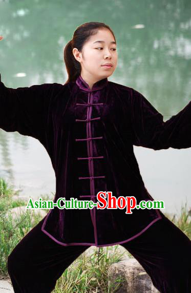 Traditional Chinese Top Pleuche Kung Fu Costume Martial Arts Kung Fu Training Black Plated Buttons Uniform, Tang Suit Gongfu Shaolin Wushu Clothing, Tai Chi Taiji Teacher Suits Uniforms for Women