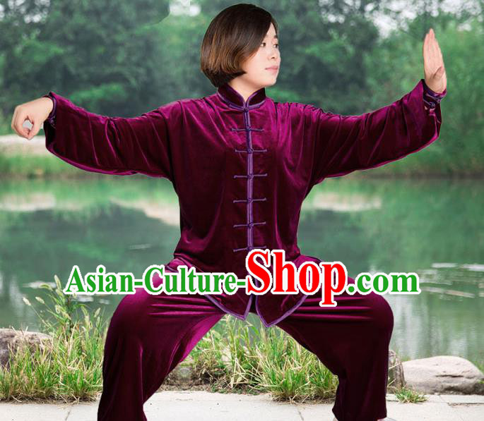 Traditional Chinese Top Pleuche Kung Fu Costume Martial Arts Kung Fu Training Purple Plated Buttons Uniform, Tang Suit Gongfu Shaolin Wushu Clothing, Tai Chi Taiji Teacher Suits Uniforms for Women