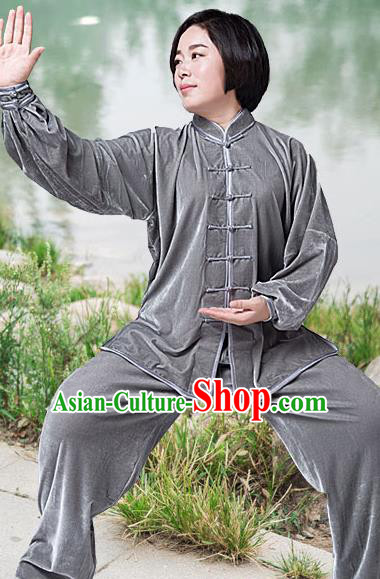 Traditional Chinese Top Pleuche Kung Fu Costume Martial Arts Kung Fu Training Grey Plated Buttons Uniform, Tang Suit Gongfu Shaolin Wushu Clothing, Tai Chi Taiji Teacher Suits Uniforms for Women