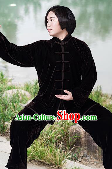 Traditional Chinese Top Pleuche Kung Fu Costume Martial Arts Kung Fu Training Brown Plated Buttons Uniform, Tang Suit Gongfu Shaolin Wushu Clothing, Tai Chi Taiji Teacher Suits Uniforms for Women