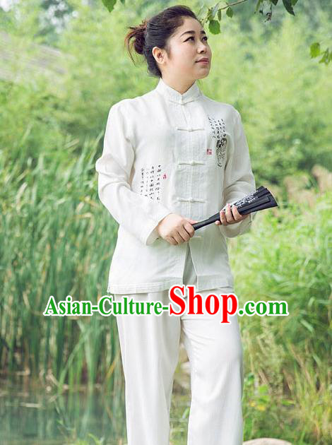 Traditional Chinese Top Linen Kung Fu Costume Martial Arts Kung Fu Training Long Sleeve Plated Buttons White Uniform, Tang Suit Gongfu Shaolin Wushu Clothing, Tai Chi Taiji Teacher Suits Uniforms for Women