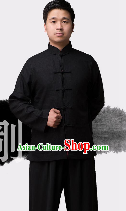 Traditional Chinese Top Linen Kung Fu Costume Martial Arts Kung Fu Training Plated Buttons Black Blouse, Tang Suit Gongfu Shaolin Wushu Clothing, Tai Chi Taiji Teacher Coat for Men