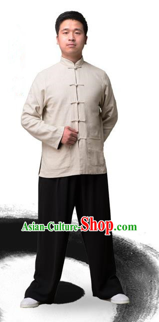 Traditional Chinese Top Linen Kung Fu Costume Martial Arts Kung Fu Training Plated Buttons White Blouse, Tang Suit Gongfu Shaolin Wushu Clothing, Tai Chi Taiji Teacher Coat for Men