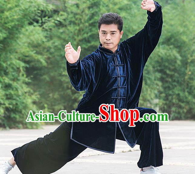 Traditional Chinese Top Pleuche Kung Fu Costume Martial Arts Kung Fu Training Royalblue Plated Buttons Uniform, Tang Suit Gongfu Shaolin Wushu Clothing, Tai Chi Taiji Teacher Suits Uniforms for Men