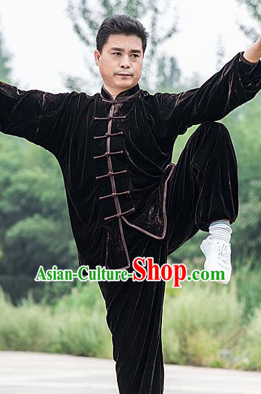 Traditional Chinese Top Pleuche Kung Fu Costume Martial Arts Kung Fu Training Brown Plated Buttons Uniform, Tang Suit Gongfu Shaolin Wushu Clothing, Tai Chi Taiji Teacher Suits Uniforms for Men
