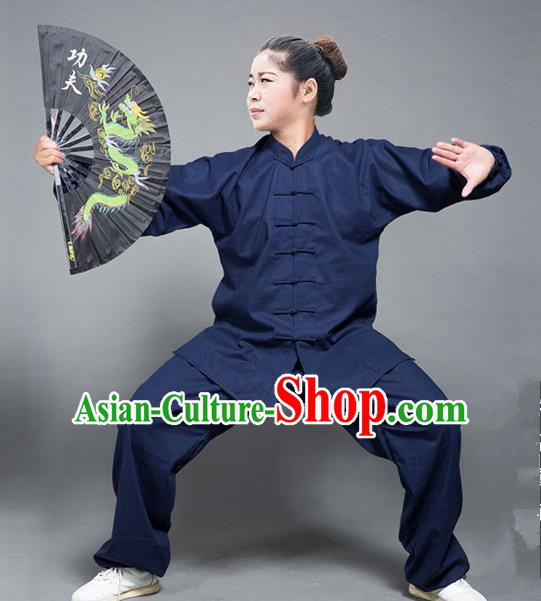 Traditional Chinese Top Flax Kung Fu Costume Martial Arts Kung Fu Training Navy Uniform, Tang Suit Gongfu Shaolin Wushu Clothing, Tai Chi Taiji Teacher Suits Uniforms for Women