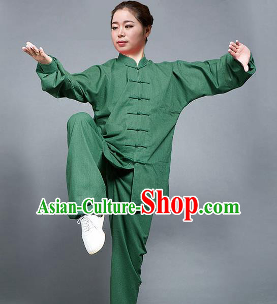 Traditional Chinese Top Flax Kung Fu Costume Martial Arts Kung Fu Training Green Uniform, Tang Suit Gongfu Shaolin Wushu Clothing, Tai Chi Taiji Teacher Suits Uniforms for Women