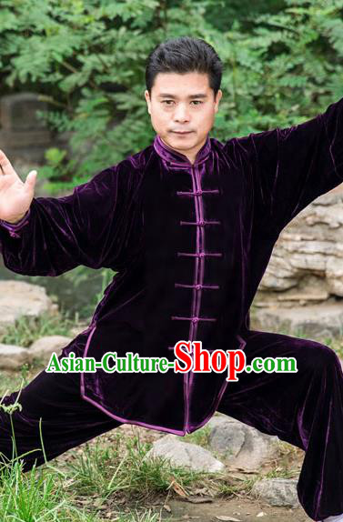 Traditional Chinese Top Pleuche Kung Fu Costume Martial Arts Kung Fu Training Purple Plated Buttons Uniform, Tang Suit Gongfu Shaolin Wushu Clothing, Tai Chi Taiji Teacher Suits Uniforms for Men