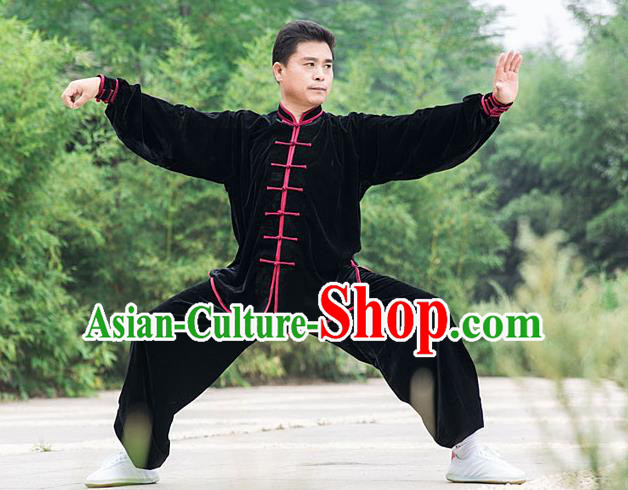 Traditional Chinese Top Pleuche Kung Fu Costume Martial Arts Kung Fu Training Black Plated Buttons Uniform, Tang Suit Gongfu Shaolin Wushu Clothing, Tai Chi Taiji Teacher Suits Uniforms for Men