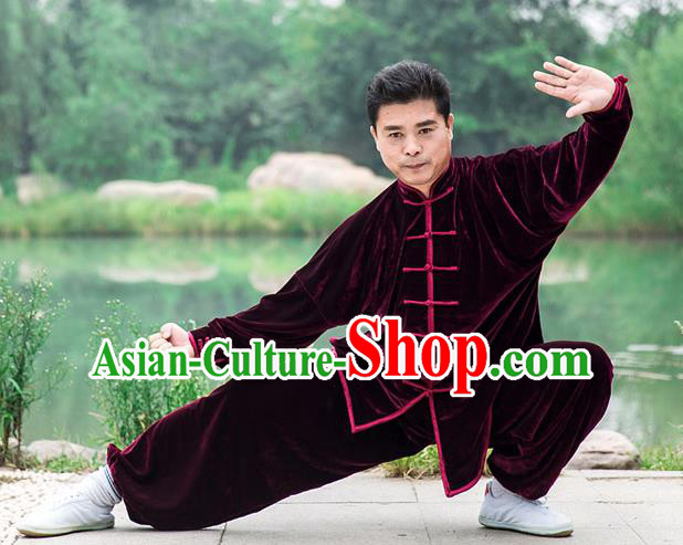 Traditional Chinese Top Pleuche Kung Fu Costume Martial Arts Kung Fu Training Wine Red Plated Buttons Uniform, Tang Suit Gongfu Shaolin Wushu Clothing, Tai Chi Taiji Teacher Suits Uniforms for Men