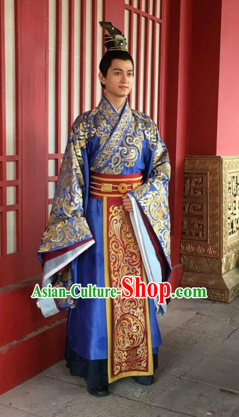 Traditional Ancient Chinese Nobility Childe Costume, Elegant Hanfu Male Lordling Dress Warring States Literati Embroidered Clothing, China Warring States Period Qu Yuan Imperial Prince Embroidered Clothing for Men
