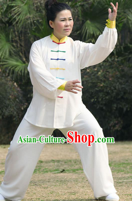 Traditional Chinese Top Silk Cotton Kung Fu Costume Martial Arts Kung Fu Training Colorful Plated Buttons White Uniform, Tang Suit Gongfu Shaolin Wushu Clothing, Tai Chi Taiji Teacher Suits Uniforms for Women