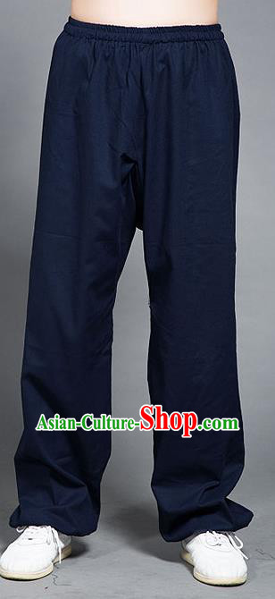 Traditional Chinese Top Linen Kung Fu Costume Martial Arts Kung Fu Training Navy Pants, Tang Suit Gongfu Shaolin Wushu Plus Fours, Tai Chi Taiji Teacher Trousers for Women for Men