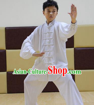 Traditional Chinese Top Silk Cotton Kung Fu Costume Martial Arts Kung Fu Training Children Plated Buttons White Uniform, Tang Suit Gongfu Shaolin Wushu Clothing, Tai Chi Taiji Teacher Suits Uniforms for Kids