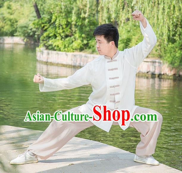 Traditional Chinese Top Linen Kung Fu Costume Martial Arts Kung Fu Training White Uniform, Tang Suit Gongfu Shaolin Wushu Clothing, Tai Chi Taiji Teacher Suits Uniforms for Men