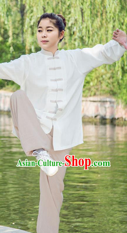 Traditional Chinese Top Linen Kung Fu Costume Martial Arts Kung Fu Training White Uniform, Tang Suit Gongfu Shaolin Wushu Clothing, Tai Chi Taiji Teacher Suits Uniforms for Women