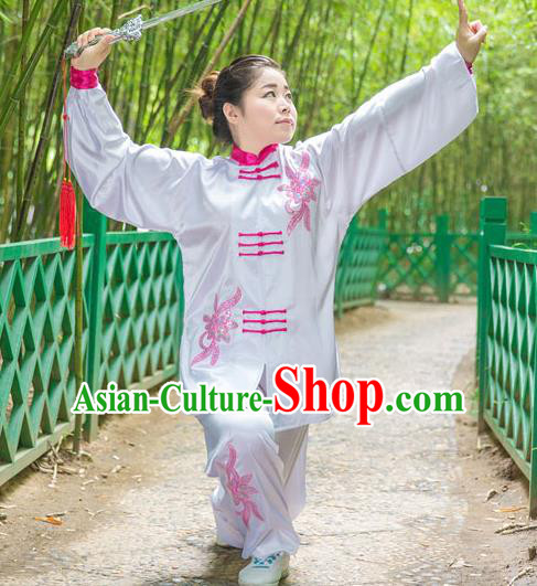 Traditional Chinese Top Stretch Silk Kung Fu Costume Martial Arts Kung Fu Training White Embroidery Uniform, Tang Suit Gongfu Shaolin Wushu Clothing, Tai Chi Taiji Teacher Suits Uniforms for Women