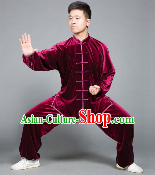 Traditional Chinese Top Gold Velvet Kung Fu Costume Martial Arts Kung Fu Training Plated Buttons Red Uniform, Tang Suit Gongfu Shaolin Wushu Clothing, Tai Chi Taiji Teacher Suits Uniforms for Men