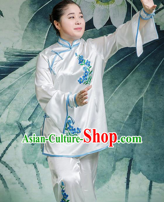 Traditional Chinese Top Stretch Silk Kung Fu Costume Martial Arts Kung Fu Training Embroidery Blue Orchid Uniform, Tang Suit Gongfu Shaolin Wushu Clothing, Tai Chi Taiji Teacher Suits Uniforms for Women