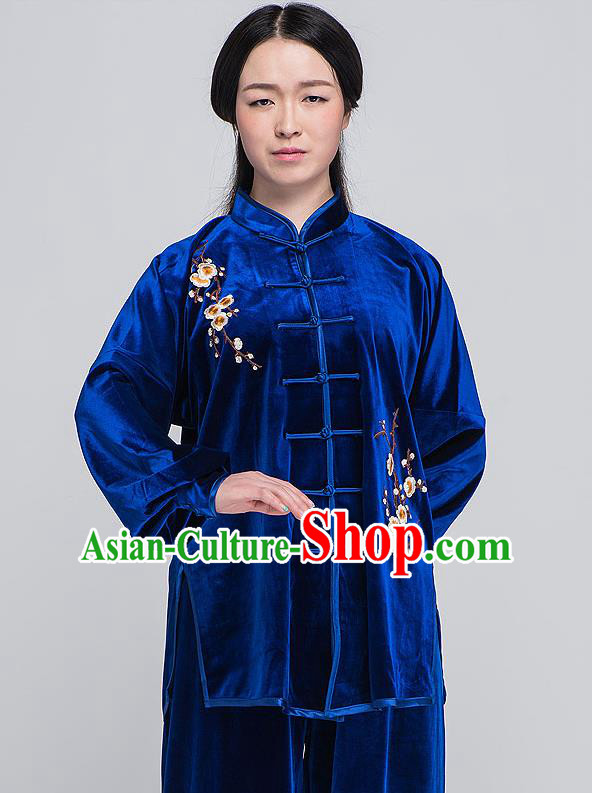 Traditional Chinese Top South Korea Velvet Kung Fu Costume Martial Arts Kung Fu Training Blue Embroidered Uniform, Tang Suit Gongfu Shaolin Wushu Clothing, Tai Chi Taiji Teacher Suits Uniforms for Women