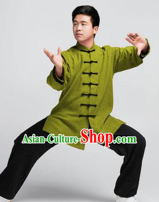 Traditional Chinese Top Muscle Hemp Kung Fu Costume Martial Arts Kung Fu Training Green Uniform, Tang Suit Gongfu Shaolin Wushu Clothing, Tai Chi Taiji Teacher Suits Uniforms for Men