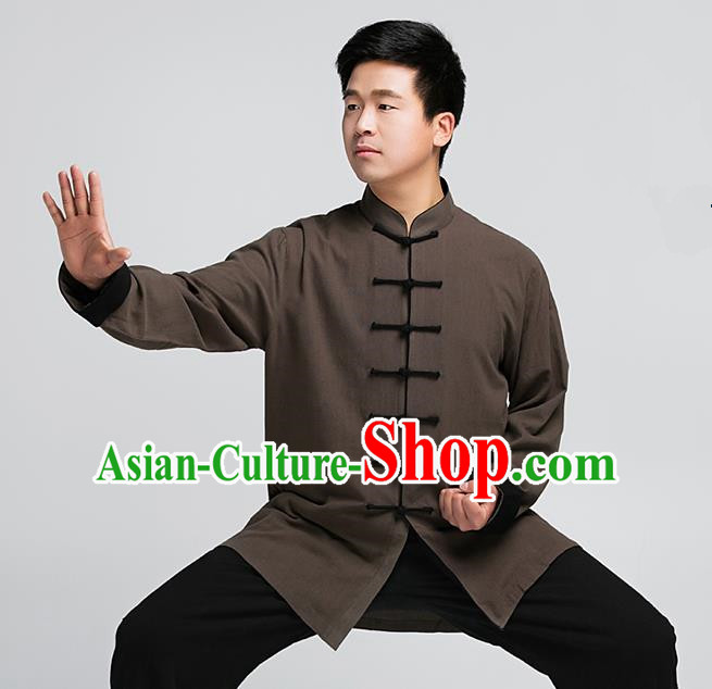 Traditional Chinese Top Muscle Hemp Kung Fu Costume Martial Arts Kung Fu Training Brown Uniform, Tang Suit Gongfu Shaolin Wushu Clothing, Tai Chi Taiji Teacher Suits Uniforms for Men