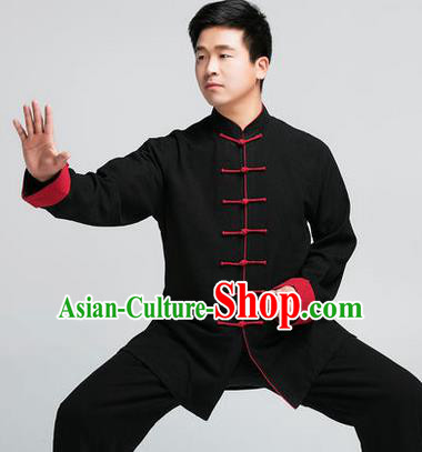 Traditional Chinese Top Muscle Hemp Kung Fu Costume Martial Arts Kung Fu Training Black Uniform, Tang Suit Gongfu Shaolin Wushu Clothing, Tai Chi Taiji Teacher Suits Uniforms for Men