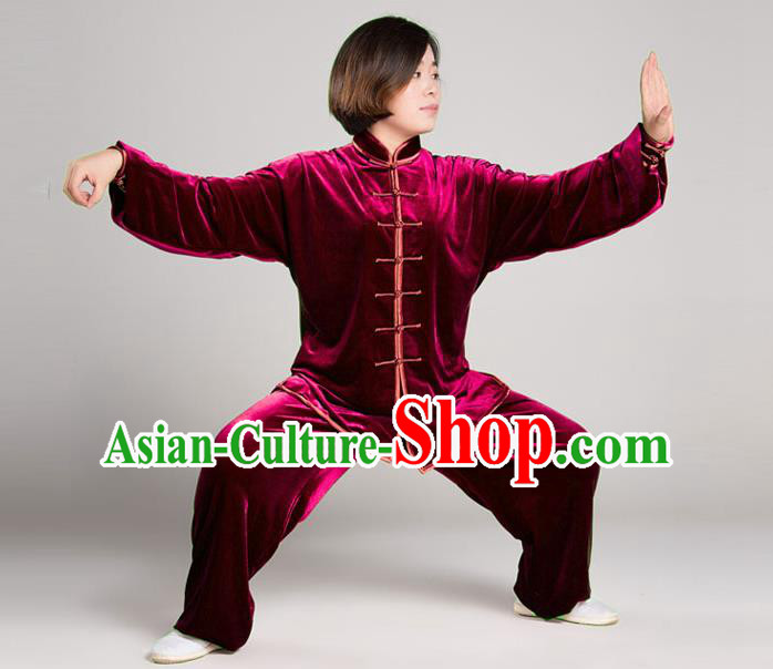 Traditional Chinese Top Gold Velvet Kung Fu Costume Martial Arts Kung Fu Training Plated Buttons Red Uniform, Tang Suit Gongfu Shaolin Wushu Clothing, Tai Chi Taiji Teacher Suits Uniforms for Women