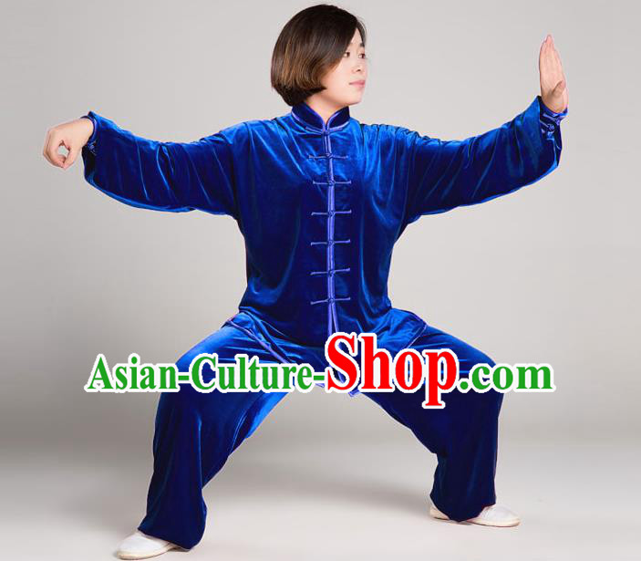 Traditional Chinese Top Gold Velvet Kung Fu Costume Martial Arts Kung Fu Training Plated Buttons Blue Uniform, Tang Suit Gongfu Shaolin Wushu Clothing, Tai Chi Taiji Teacher Suits Uniforms for Women