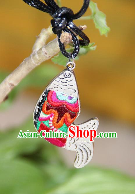 Traditional Chinese Miao Nationality Crafts, Hmong Handmade Miao Silver Embroidery Pendant, Miao Ethnic Minority Necklace Fish Accessories Pendant for Women