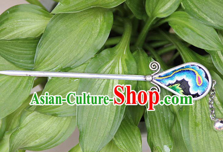 Traditional Chinese Miao Nationality Crafts Jewelry Accessory, Hmong Handmade Blue Embroidery Miao Silver Hairpin, Miao Ethnic Minority Bells Hair Fascinators Hairpins for Women
