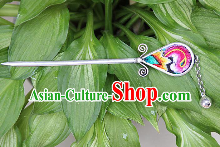 Traditional Chinese Miao Nationality Crafts Jewelry Accessory, Hmong Handmade Embroidery Miao Silver Hairpin, Miao Ethnic Minority Bells Hair Fascinators Hairpins for Women