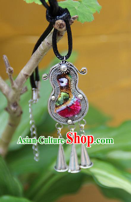 Traditional Chinese Miao Nationality Crafts Jewelry Accessory, Hmong Handmade Miao Silver Embroidery Bells Tassel Pendant, Miao Ethnic Minority Necklace Accessories Sweater Chain Bell Pendant for Women
