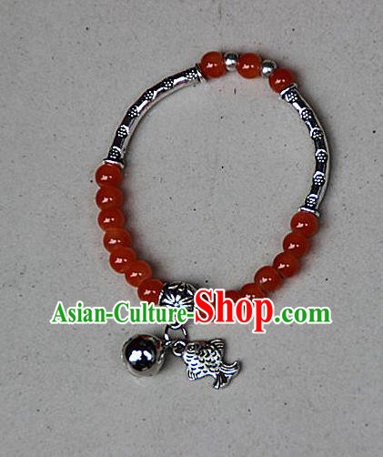 Traditional Chinese Miao Nationality Crafts Jewelry Accessory Bangle, Hmong Handmade Miao Silver Red Beads Bracelet, Miao Ethnic Minority Bells Fish Bracelet Accessories for Women