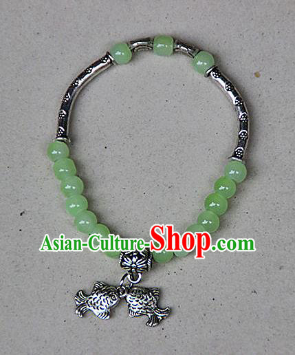 Traditional Chinese Miao Nationality Crafts Jewelry Accessory Bangle, Hmong Handmade Miao Silver Light Green Beads Bracelet, Miao Ethnic Minority Double Fish Bracelet Accessories for Women