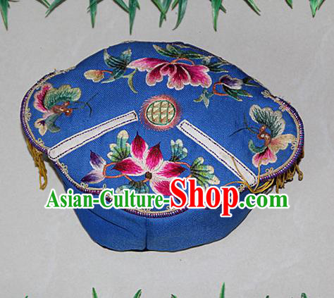 Traditional Chinese Miao Nationality Crafts Hmong Handmade Children Embroidery Lotus Blue Tiger Headwear, Miao Ethnic Minority Exorcise Evil Tiger Hat for Kids