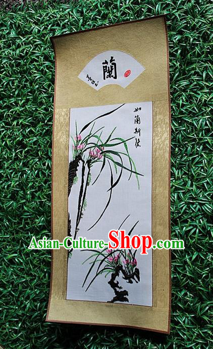 Traditional Chinese Miao Nationality Minority Crafts Hmong Xiangxi Embroidery Decorative Paintings, Embroidery Orchid Scroll Painting for Friends