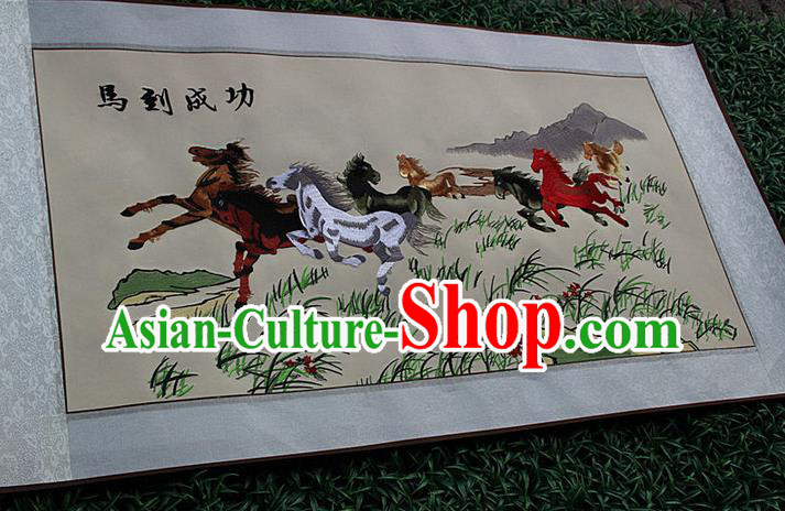 Traditional Chinese Miao Nationality Minority Crafts Hmong Xiangxi Embroidery Decorative Paintings, Embroidery Horse Meaning Success Scroll Painting for Friends