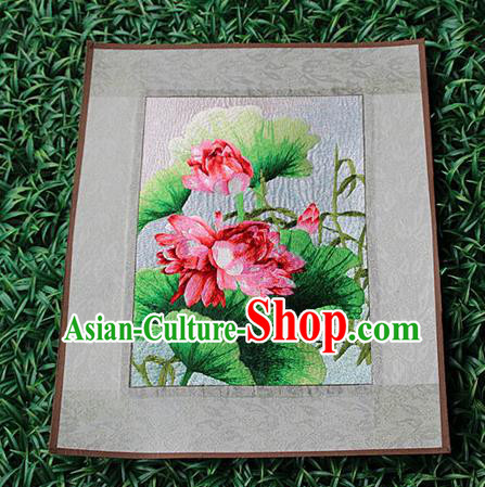 Traditional Chinese Miao Nationality Minority Crafts Hmong Xiangxi Embroidery Decorative Paintings, Embroidery Lotus Scroll Painting for Friends